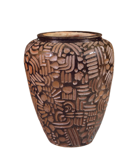 Big_pot_86_unika_frostsikker_stentoejskrukke_sort_og_terracotta_begitning_skaaret_moenster_D70_H86_E284_8000kr_x